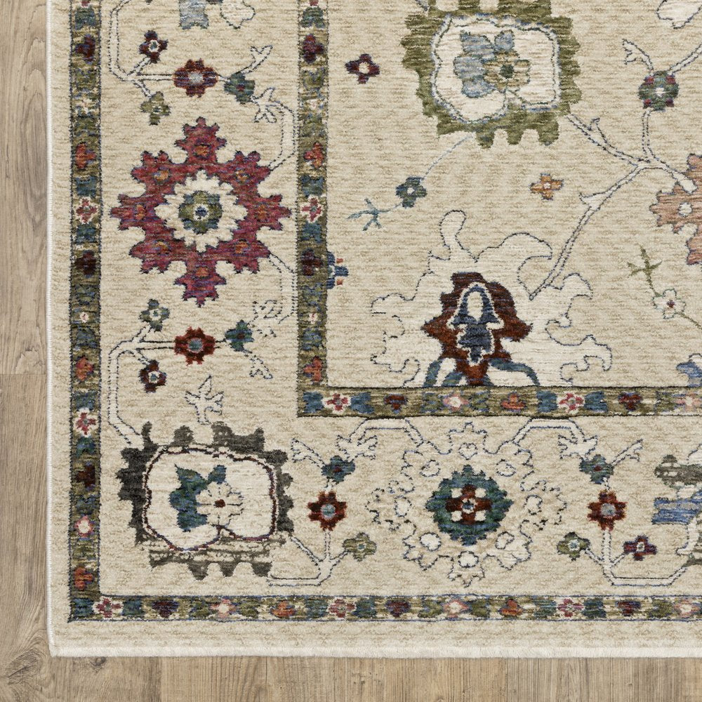8' X 11' Ivory Blue And Light Brown Floral Area Rug With Fringe