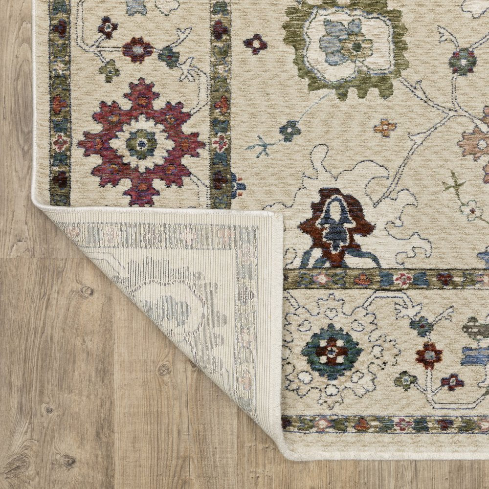 8' X 11' Ivory Blue And Light Brown Floral Area Rug With Fringe