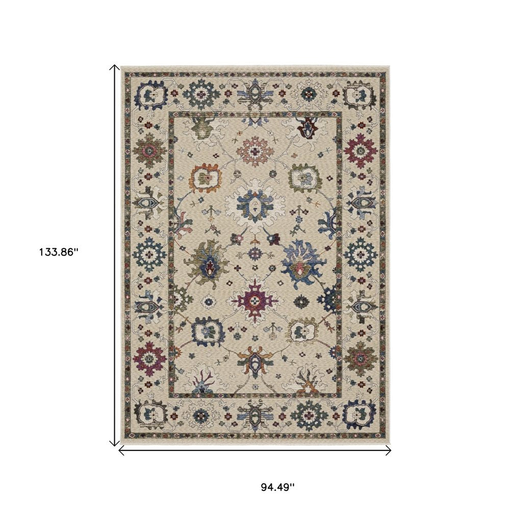 8' X 11' Ivory Blue And Light Brown Floral Area Rug With Fringe