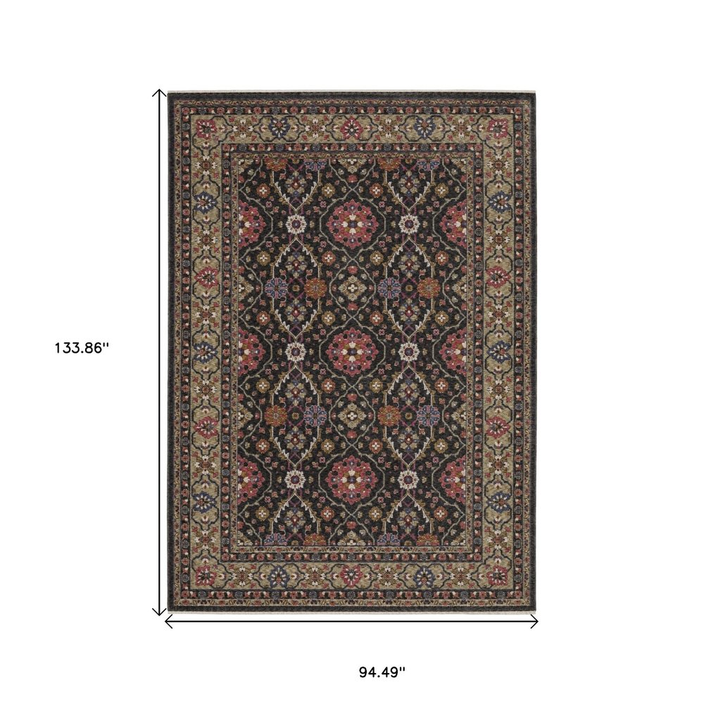 8' X 11' Charcoal And Pink Oriental Area Rug With Fringe