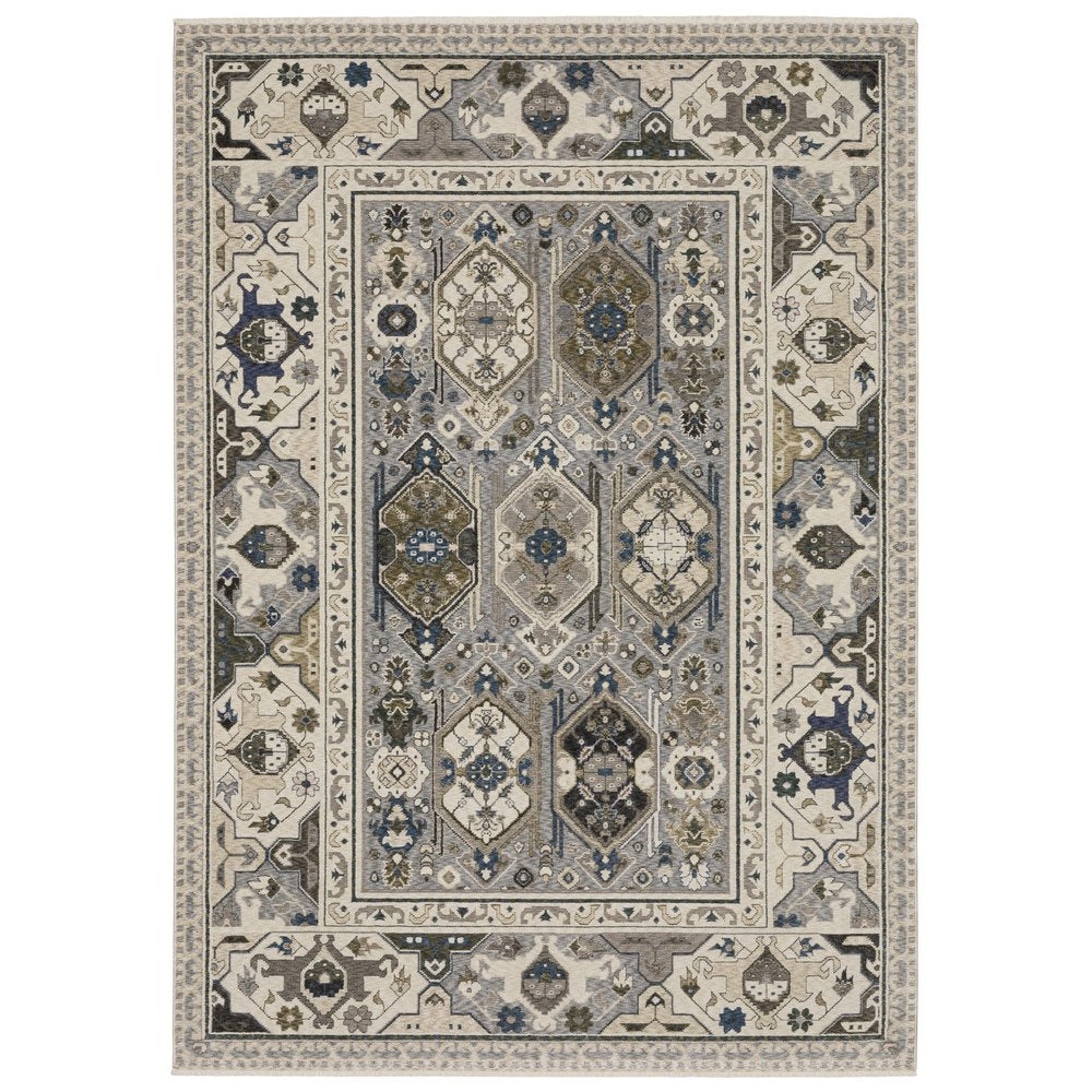 8' X 11' Ivory And Blue Oriental Area Rug With Fringe