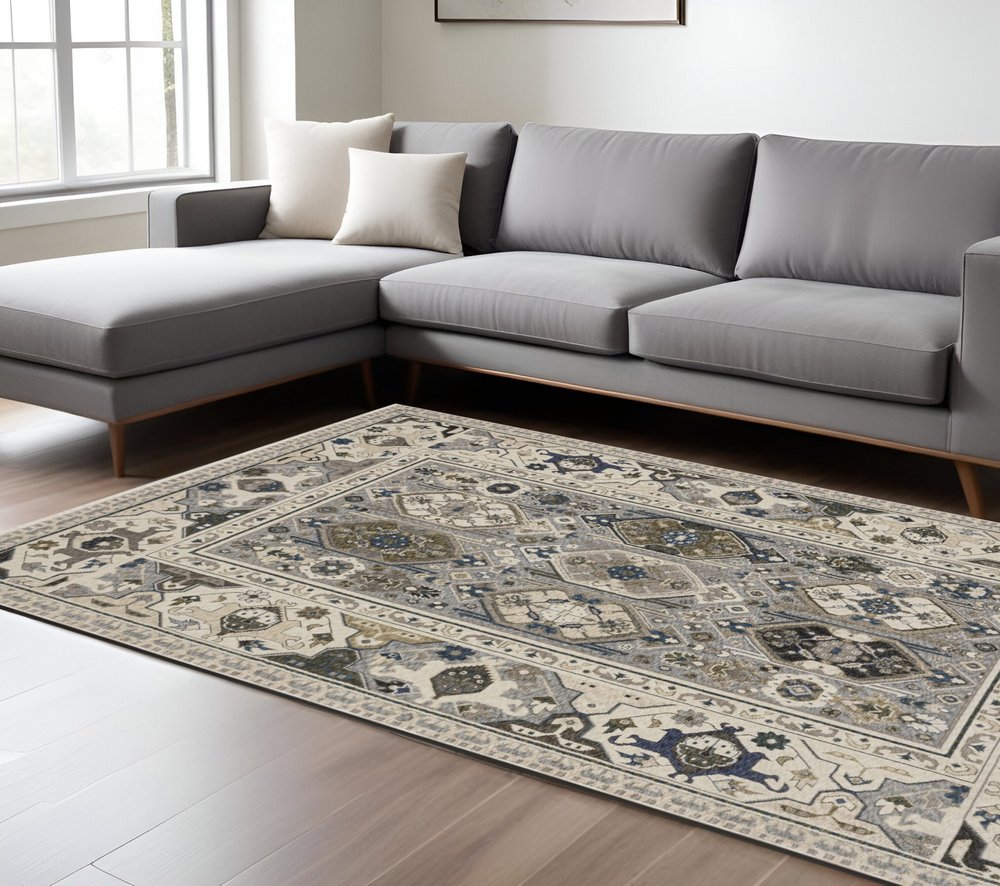 8' X 11' Ivory And Blue Oriental Area Rug With Fringe