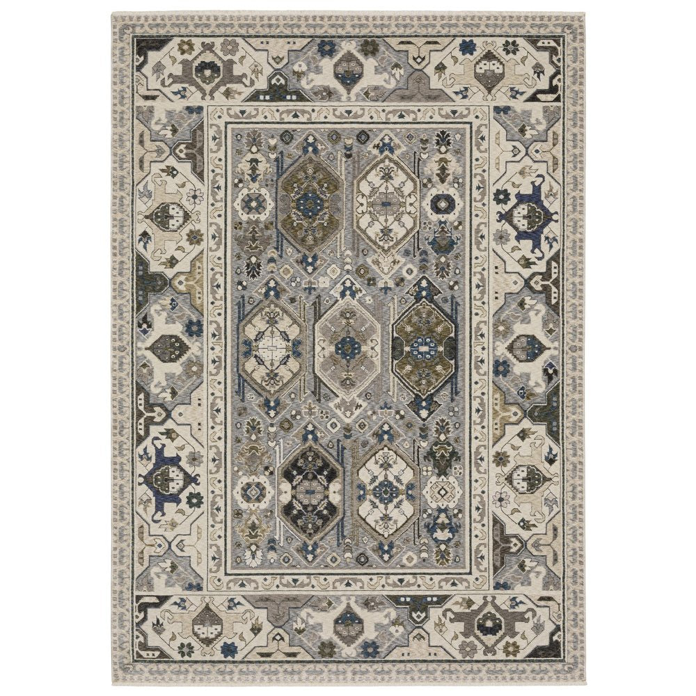 8' X 11' Ivory And Blue Oriental Area Rug With Fringe