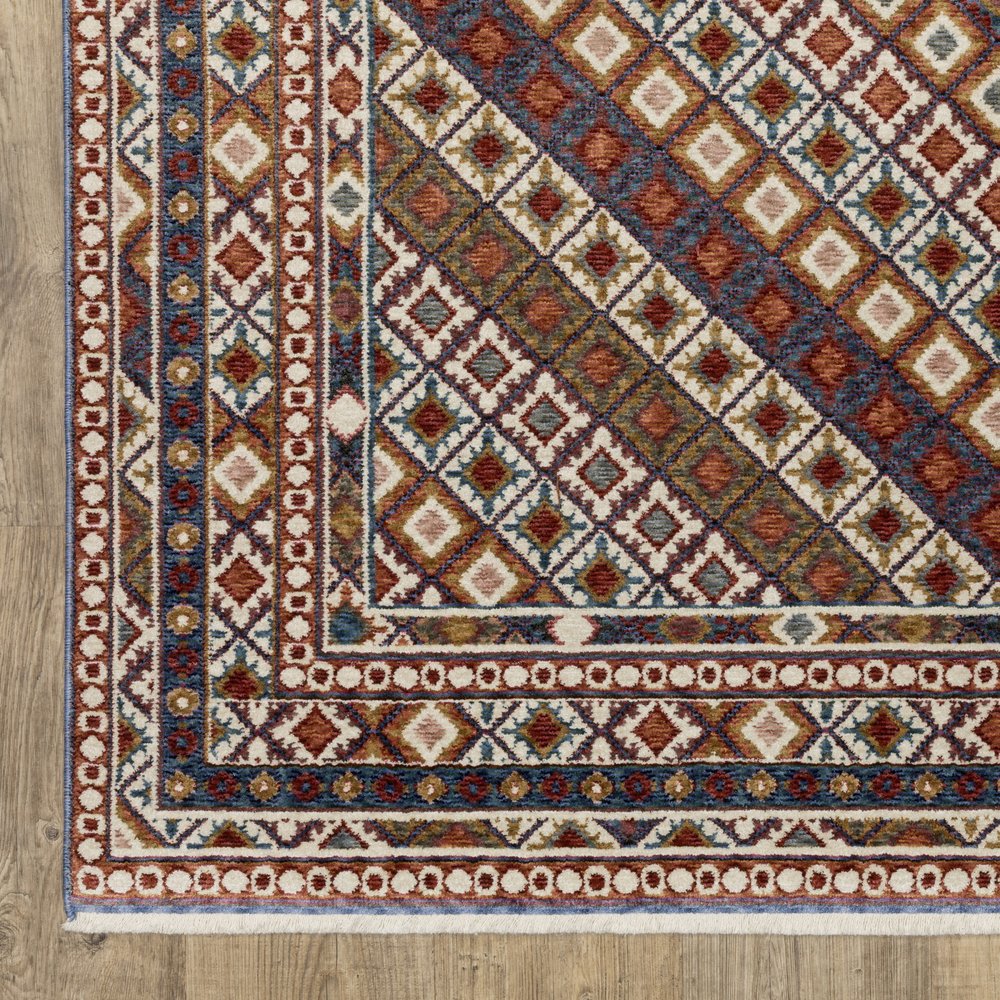 8' X 11' Ivory Red And Tan Diamond Area Rug With Fringe
