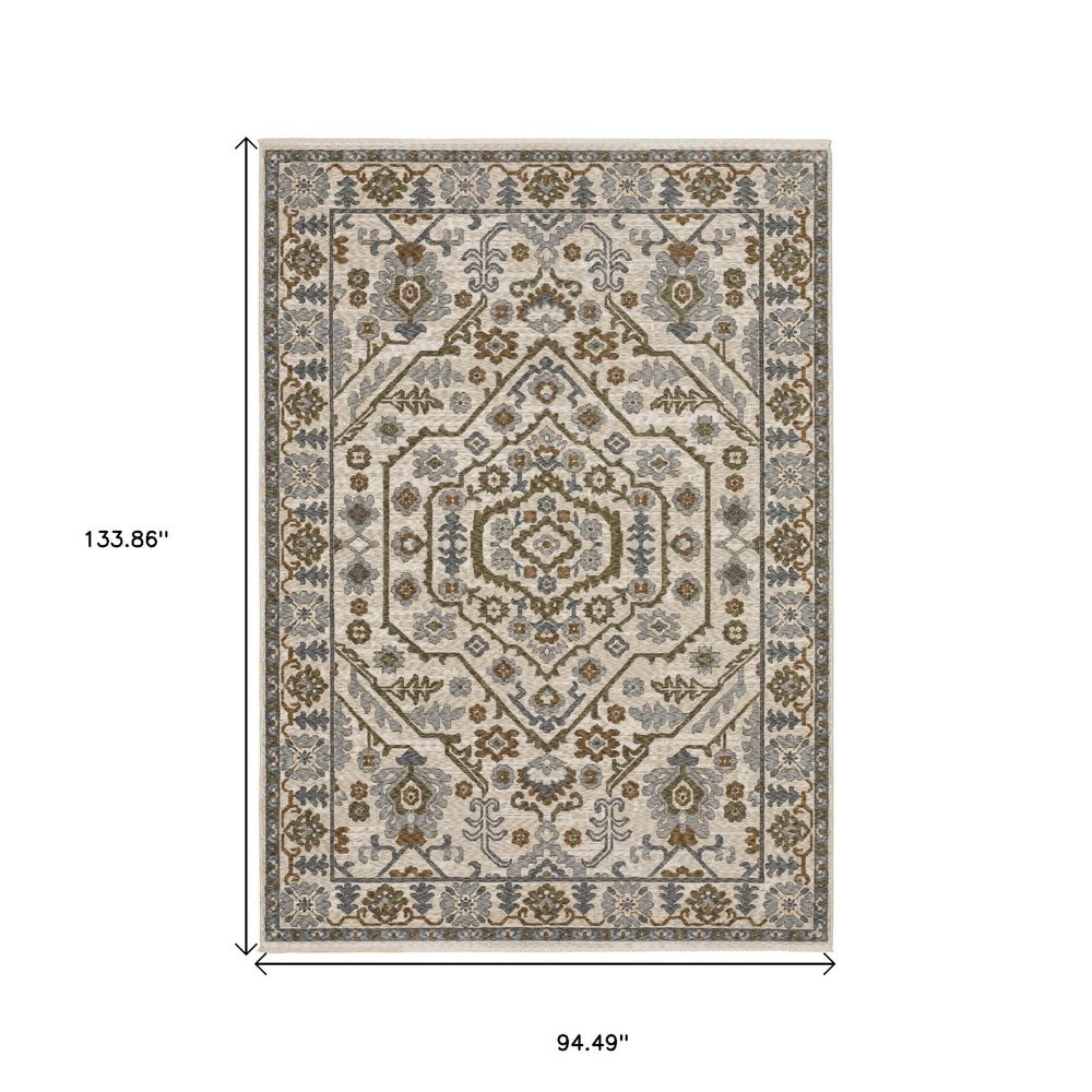 8' X 11' Ivory And Rust Floral Area Rug With Fringe