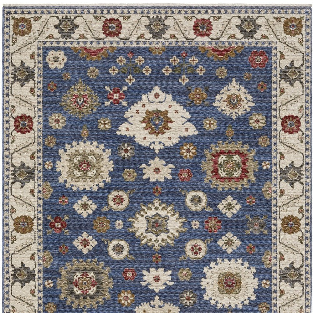 8' X 11' Blue And Ivory Floral Area Rug With Fringe