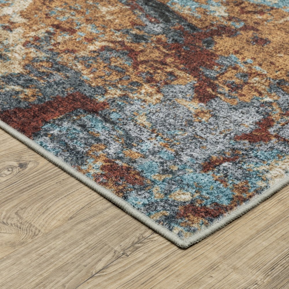 8' X 10' Blue And Rust Abstract Distressed Area Rug
