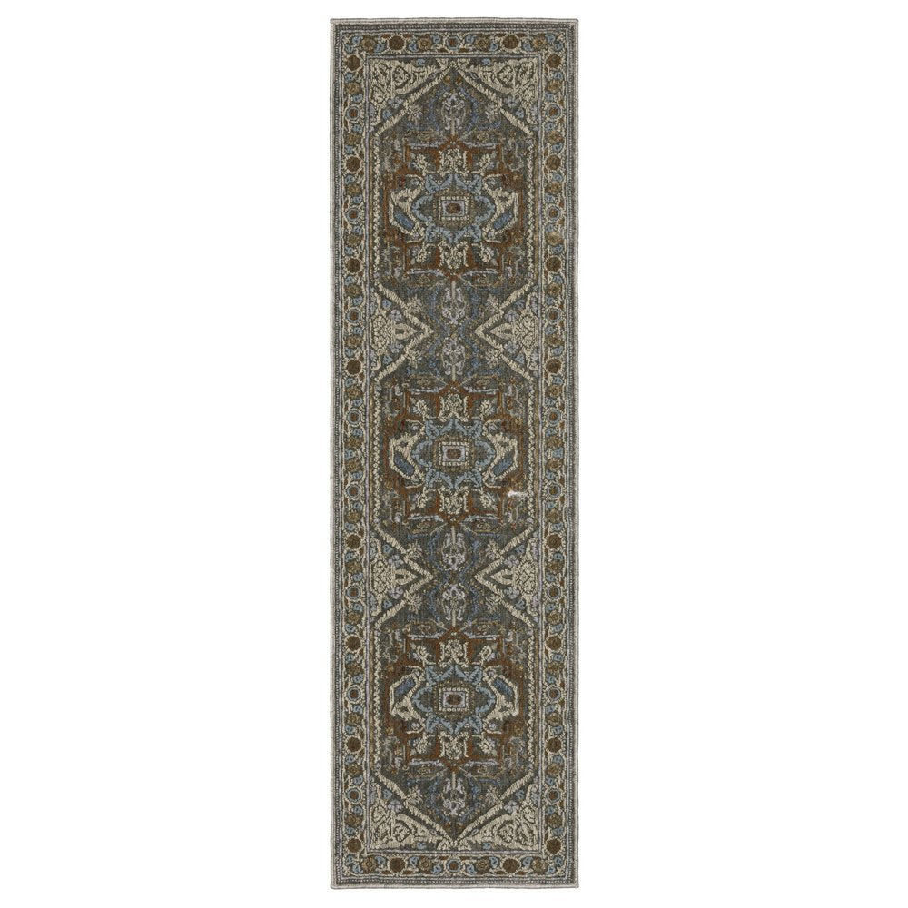8' Blue Ivory And Brown Medallion Runner Rug