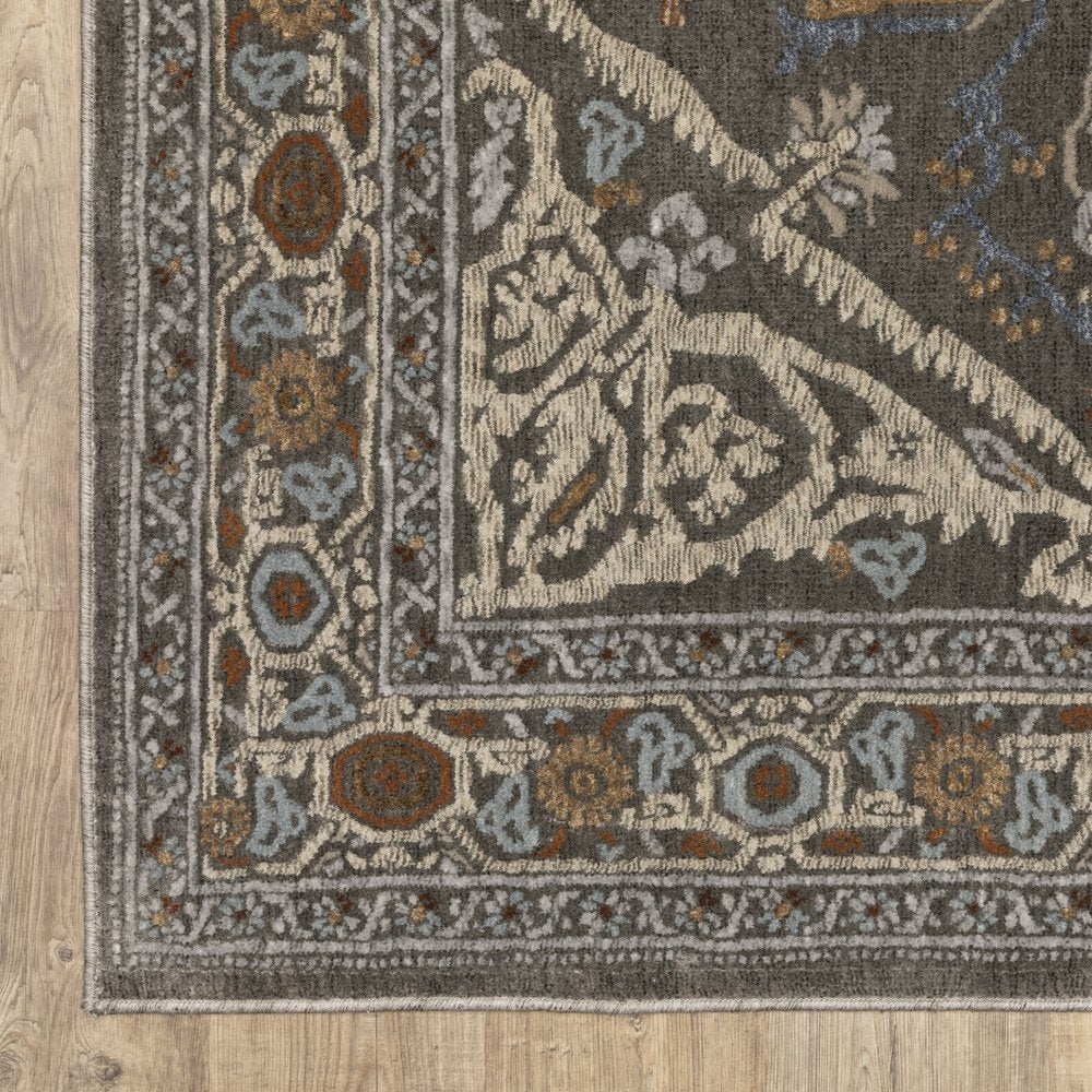 8' Blue Ivory And Brown Medallion Runner Rug
