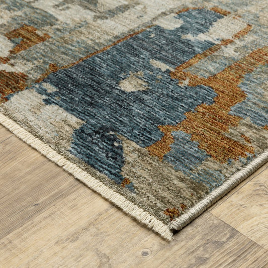 8' Beige Teal And Brown Abstract Runner Rug With Fringe