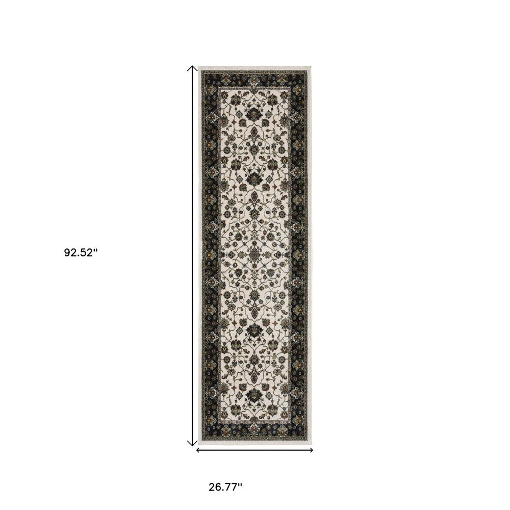 8' Ivory Oriental Runner Rug With Fringe