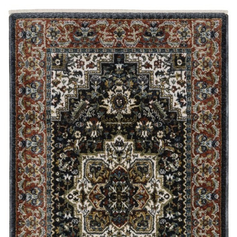 8' Navy Blue Black And White Medallion Runner Rug With Fringe