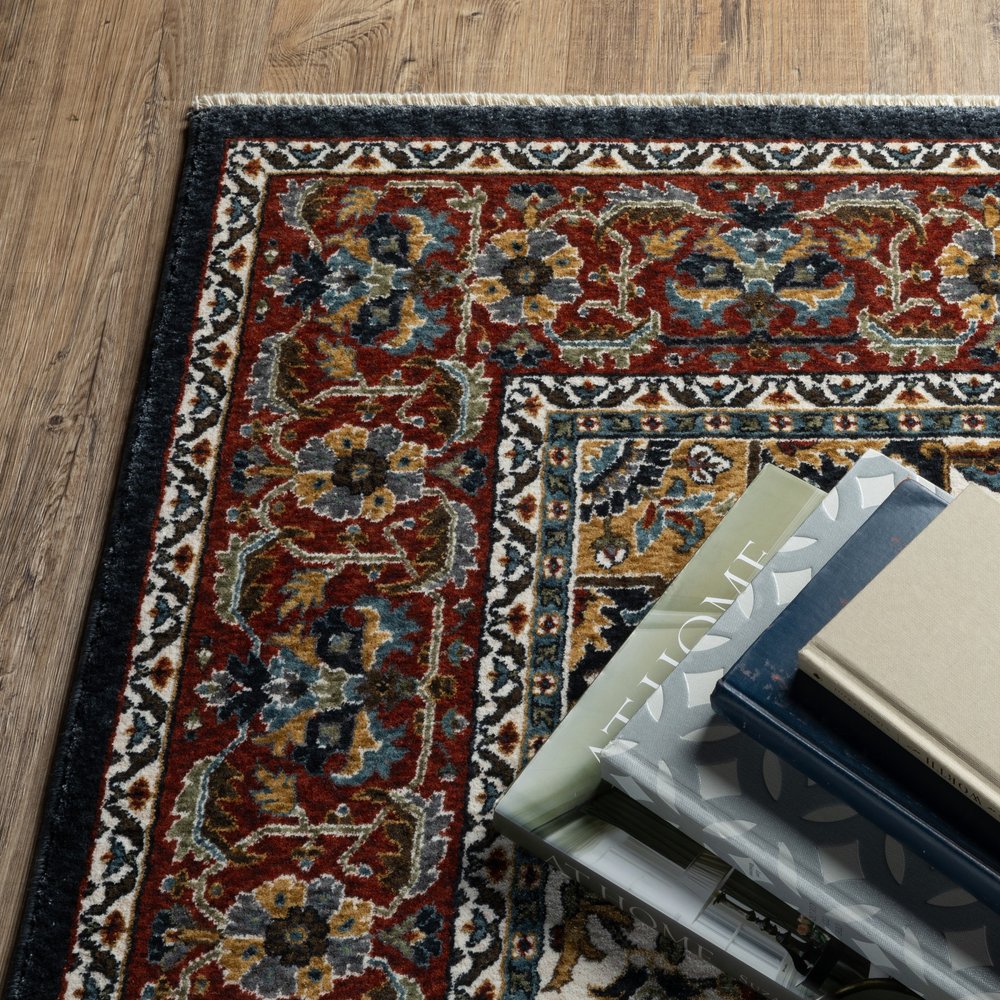 8' Navy Blue Black And White Medallion Runner Rug With Fringe