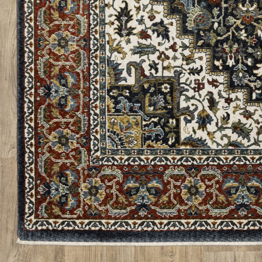 8' Navy Blue Black And White Medallion Runner Rug With Fringe