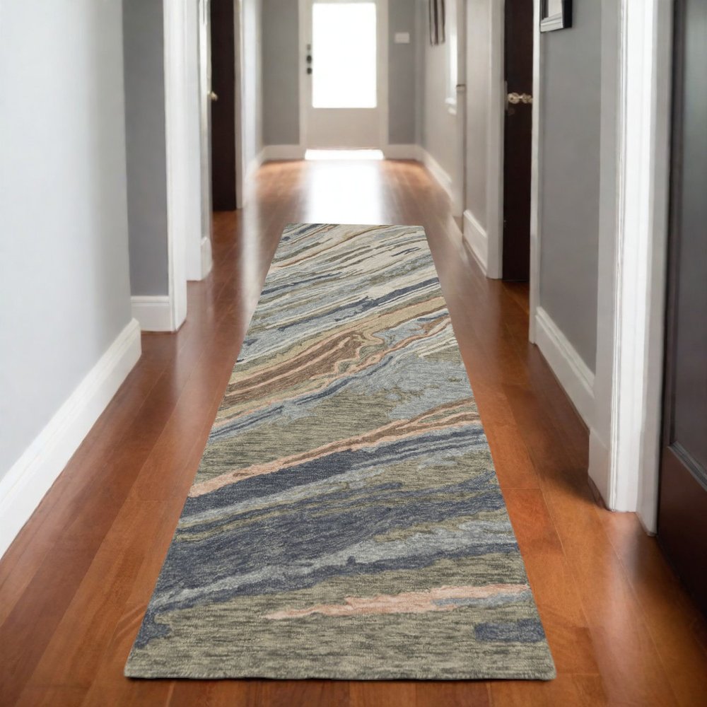 8' Gray And Blue Wool Abstract Hand Tufted Runner Rug