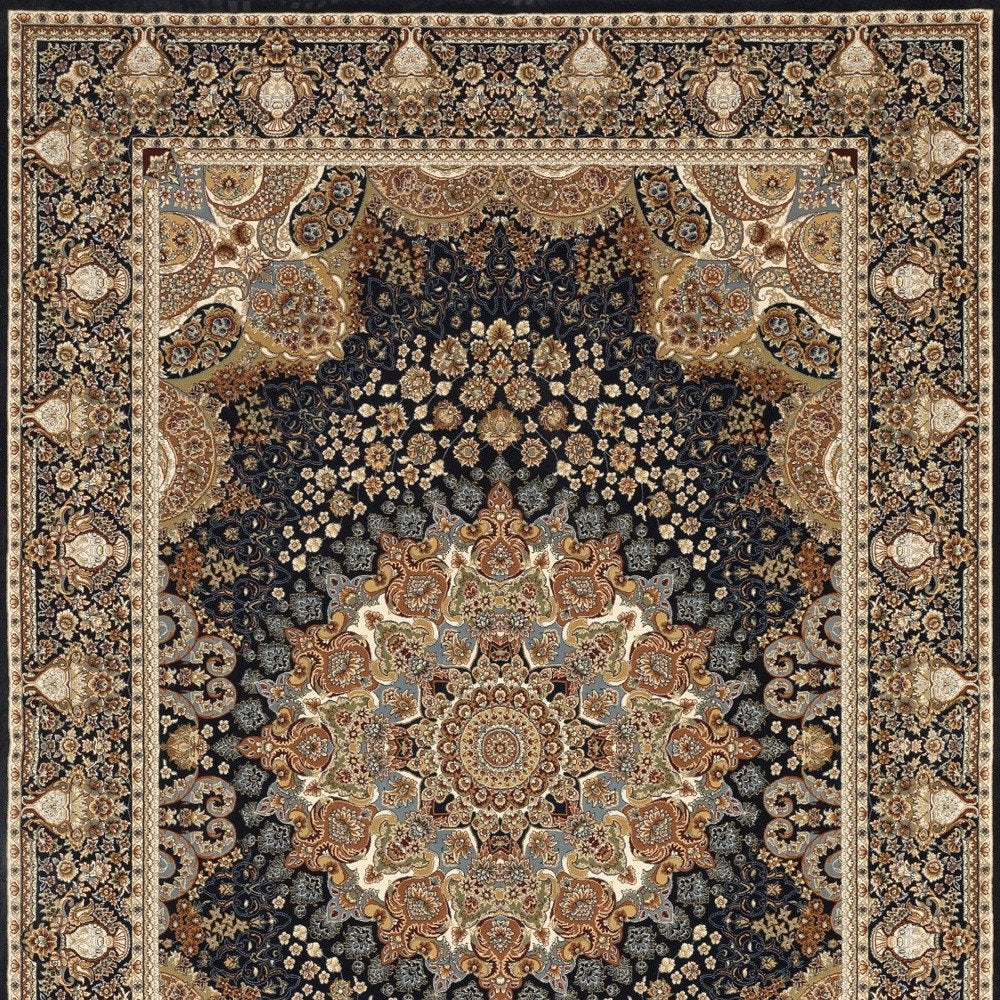 8' X 11' Navy Blue Light Brown And Ivory Medallion Area Rug With Fringe