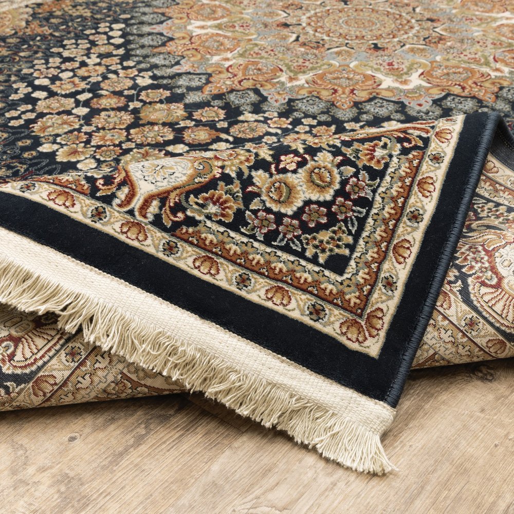 8' X 11' Navy Blue Light Brown And Ivory Medallion Area Rug With Fringe