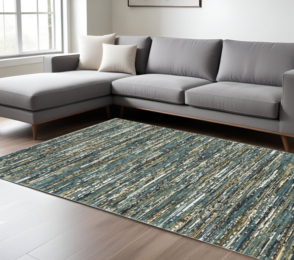 8' X 11' Blue Brown And Ivory Striped Area Rug