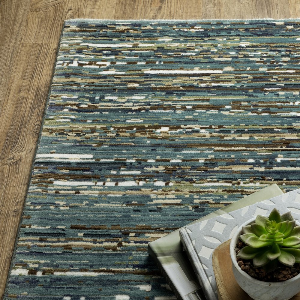 8' X 11' Blue Brown And Ivory Striped Area Rug