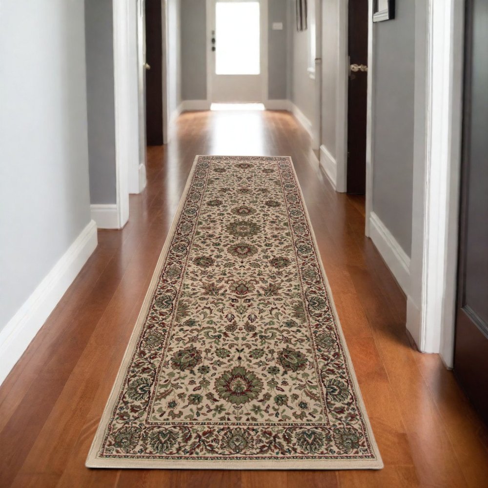 9' Ivory And Green Oriental Runner Rug