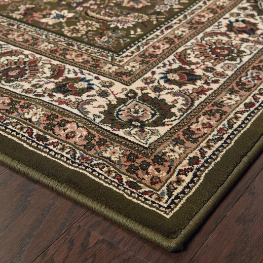 9' Green And Ivory Oriental Runner Rug