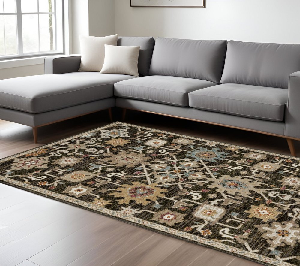 9' X 12' Brown Black And Tan Oriental Area Rug