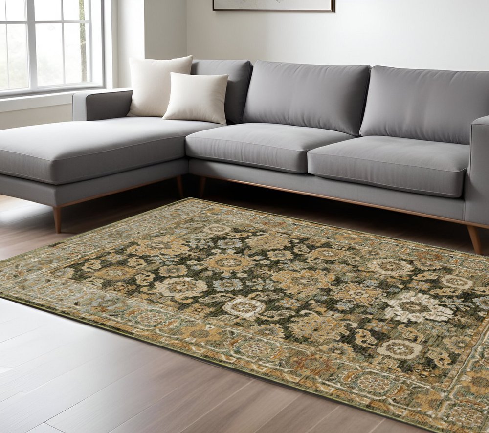 9' X 12' Green And Gold Oriental Area Rug