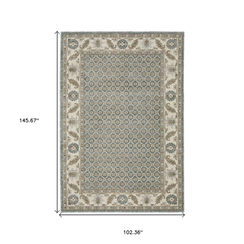 9' X 12' Blue And Ivory Oriental Area Rug