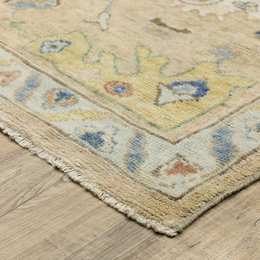 9' X 12' Gray Green And Yellow Wool Oriental Hand Knotted Area Rug With Fringe