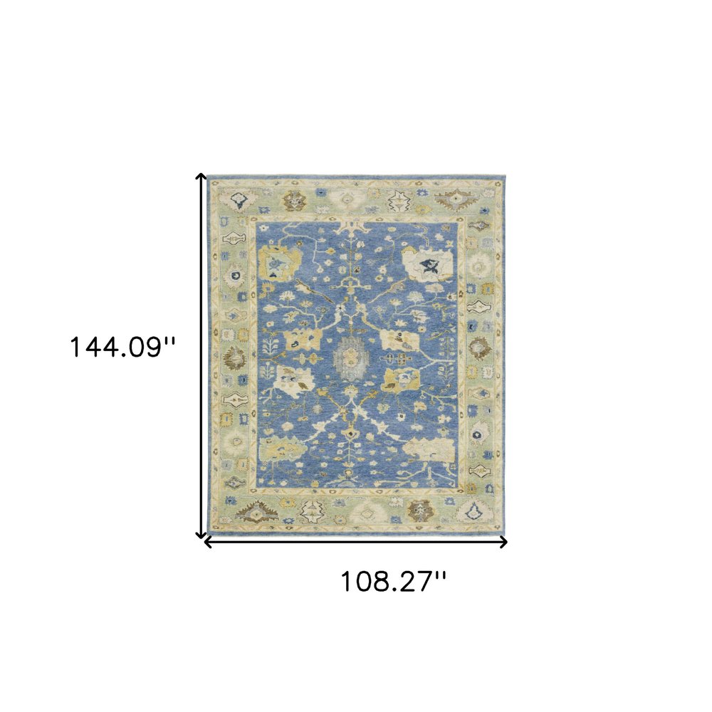 9' X 12' Blue And Green Wool Oriental Hand Knotted Area Rug With Fringe