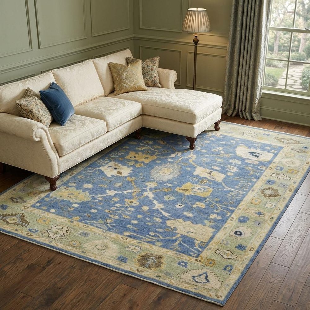 9' X 12' Blue And Green Wool Oriental Hand Knotted Area Rug With Fringe