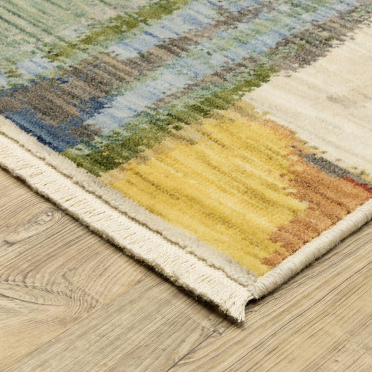 8' X 11' Pink Red And Yellow Abstract Area Rug With Fringe