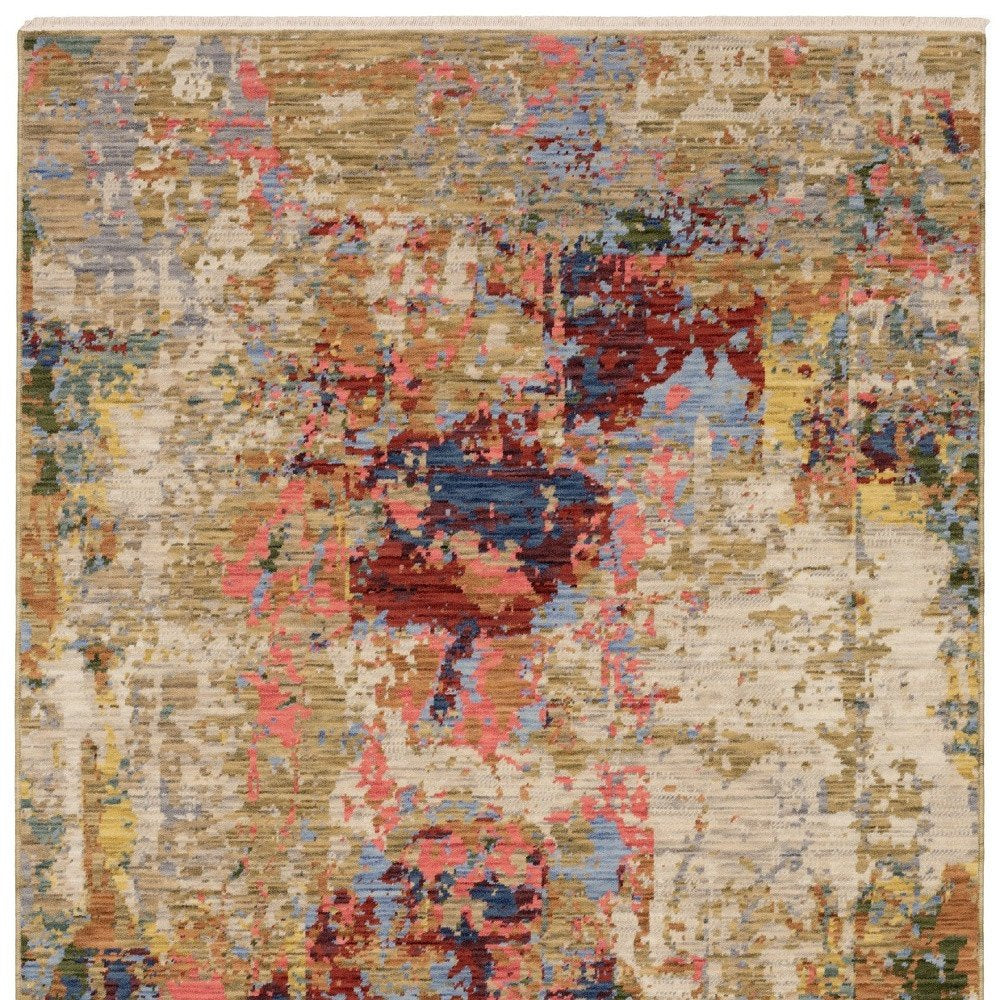 8' X 11' Beige Salmon And Tan Abstract Area Rug With Fringe