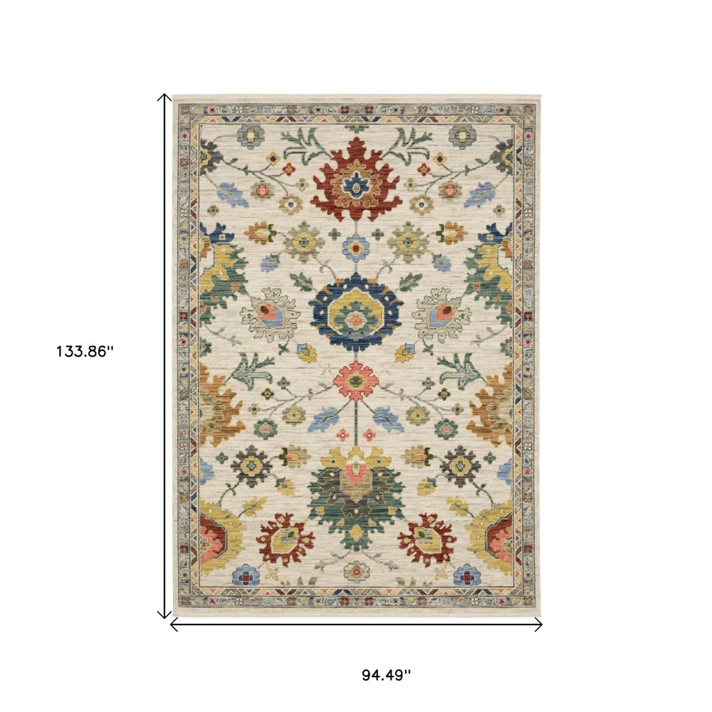 8' X 11' Ivory Red And Blue Oriental Area Rug With Fringe