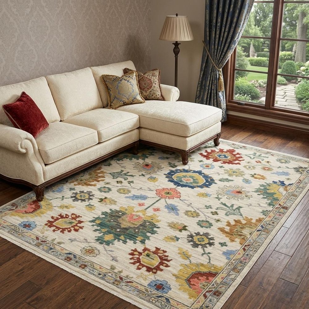8' X 11' Ivory Red And Blue Oriental Area Rug With Fringe