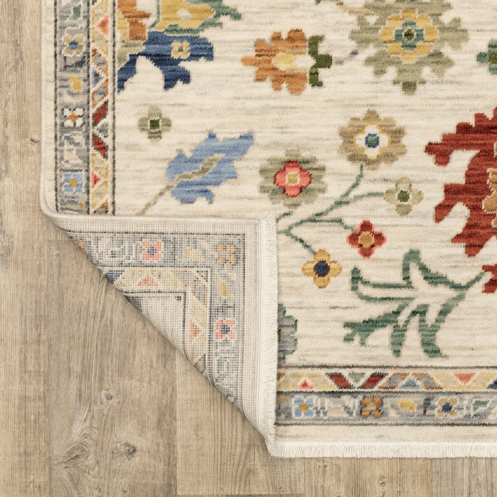 8' X 11' Ivory Red And Blue Oriental Area Rug With Fringe