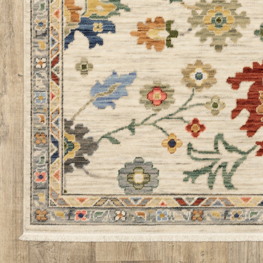 8' X 11' Ivory Red And Blue Oriental Area Rug With Fringe