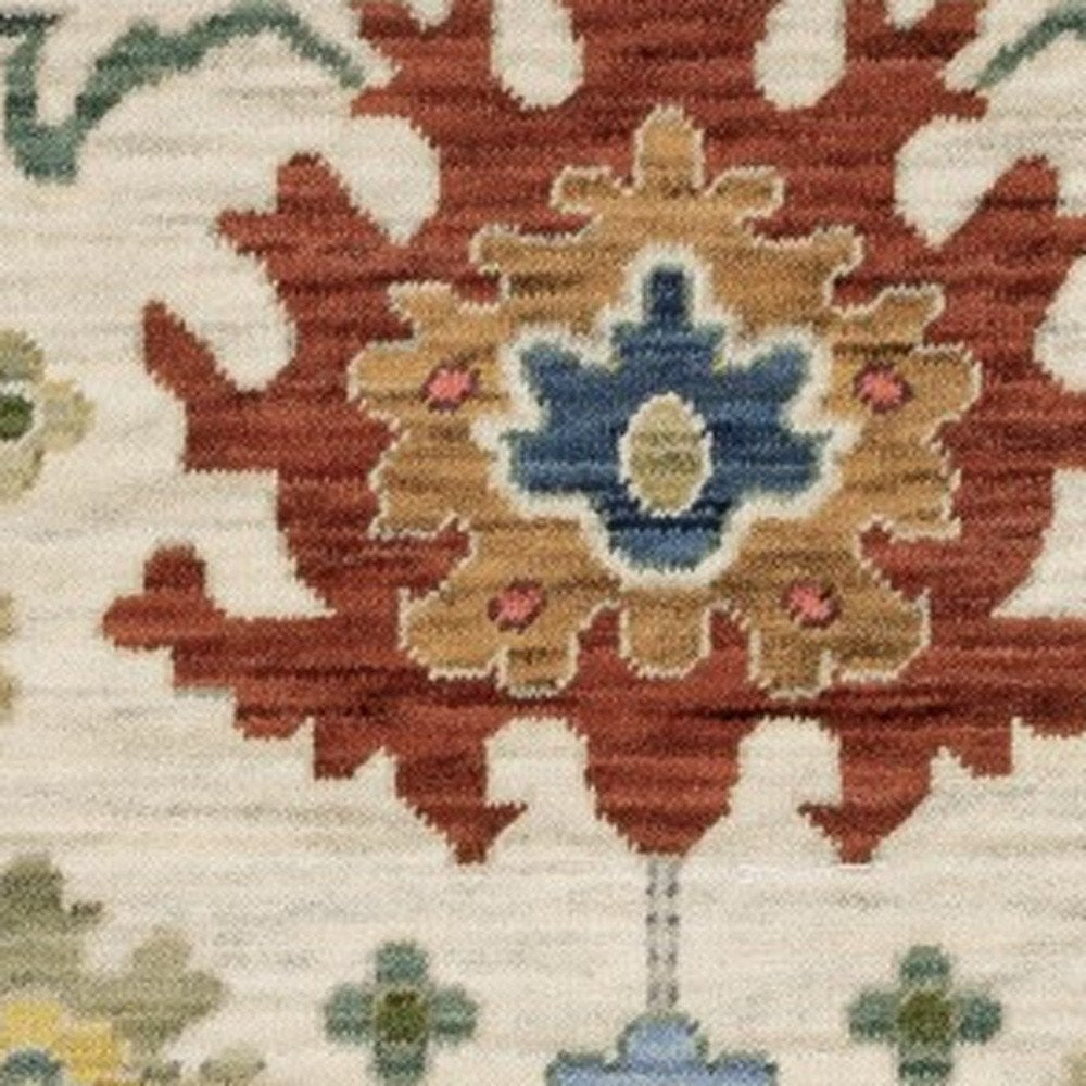 8' X 11' Ivory Red And Blue Oriental Area Rug With Fringe