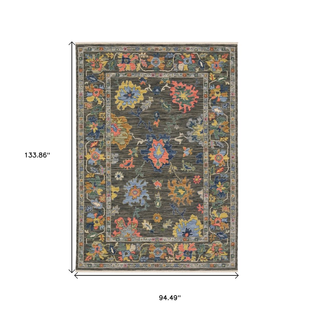 8' X 11' Gray Yellow And Orange Oriental Area Rug With Fringe