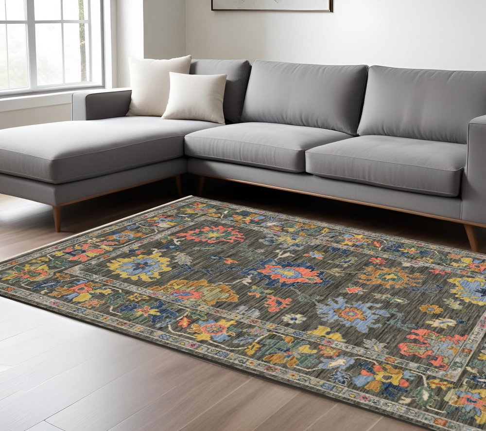 8' X 11' Gray Yellow And Orange Oriental Area Rug With Fringe