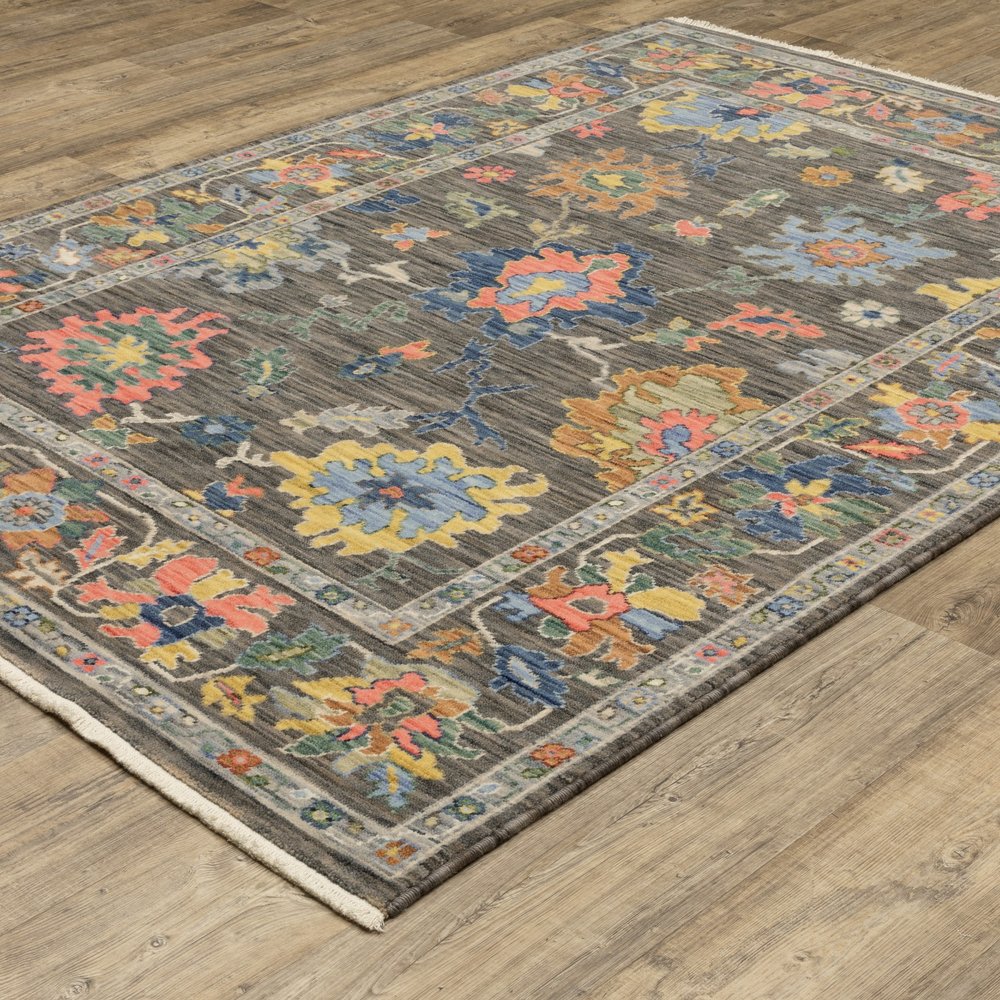 8' X 11' Gray Yellow And Orange Oriental Area Rug With Fringe