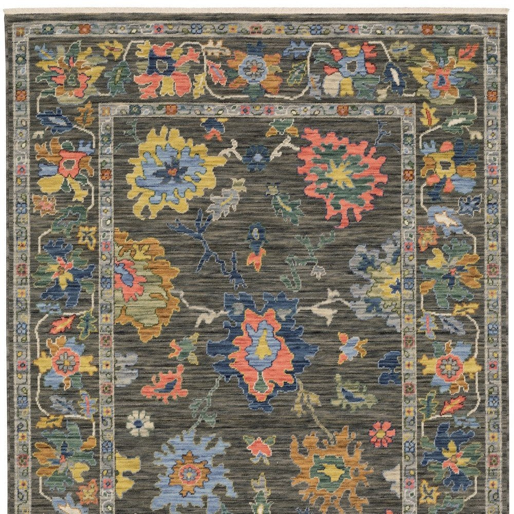 8' X 11' Gray Yellow And Orange Oriental Area Rug With Fringe