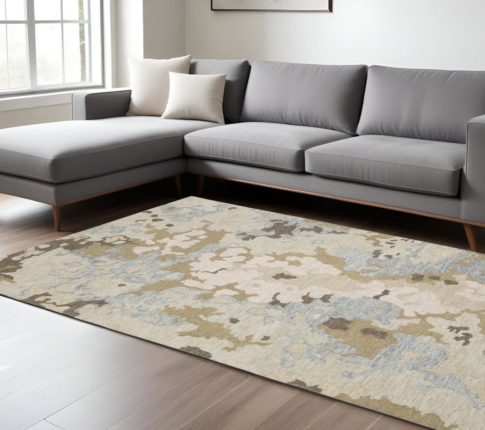 8' X 10' Beige And Blue Wool Abstract Hand Tufted Area Rug