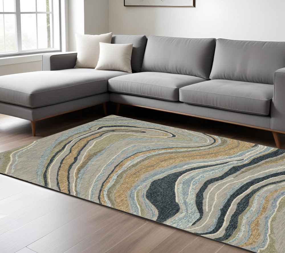 8' X 10' Gray And Blue Wool Abstract Hand Tufted Area Rug
