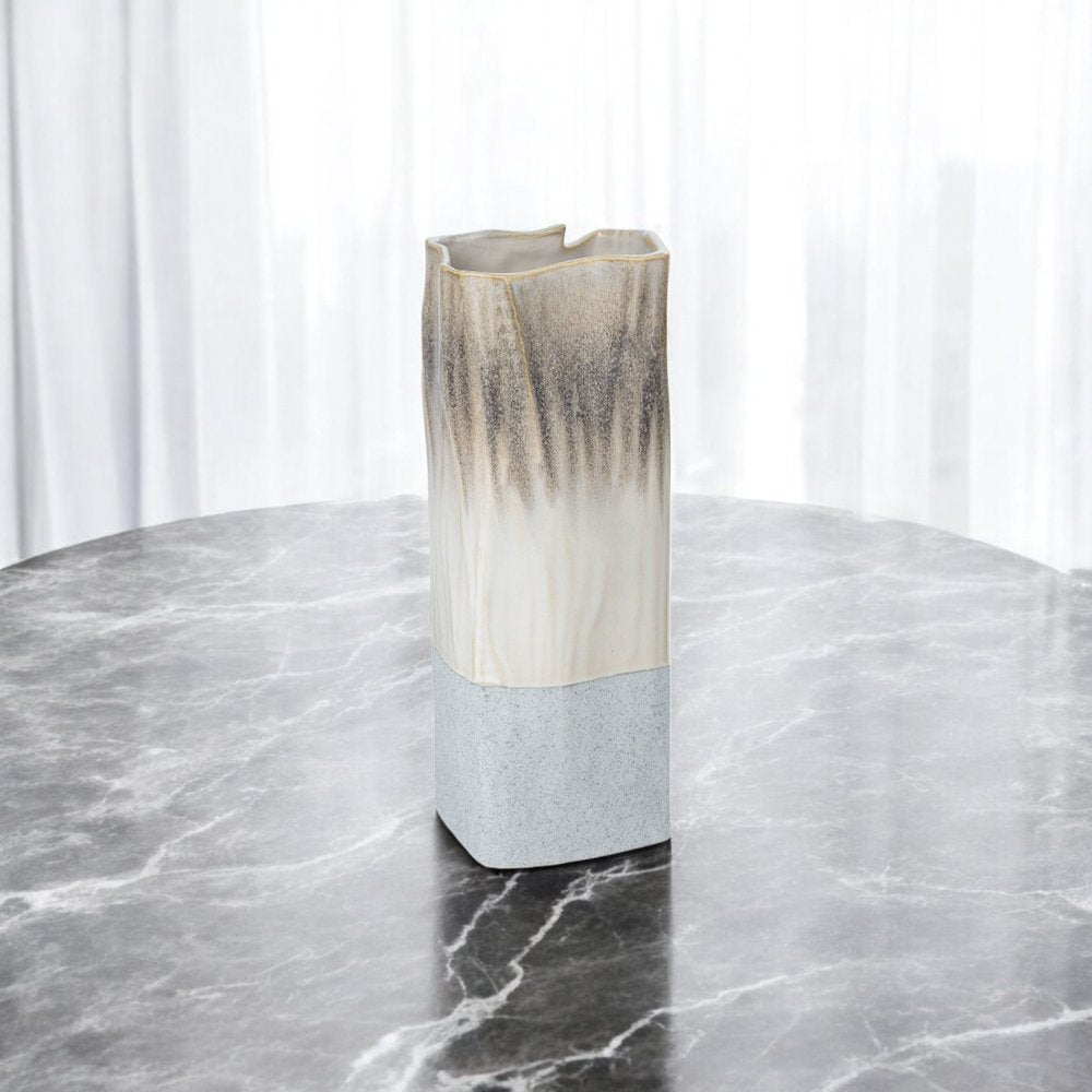 12" Brown Light Blue And Off White Color Block Square Ceramic Table Vase