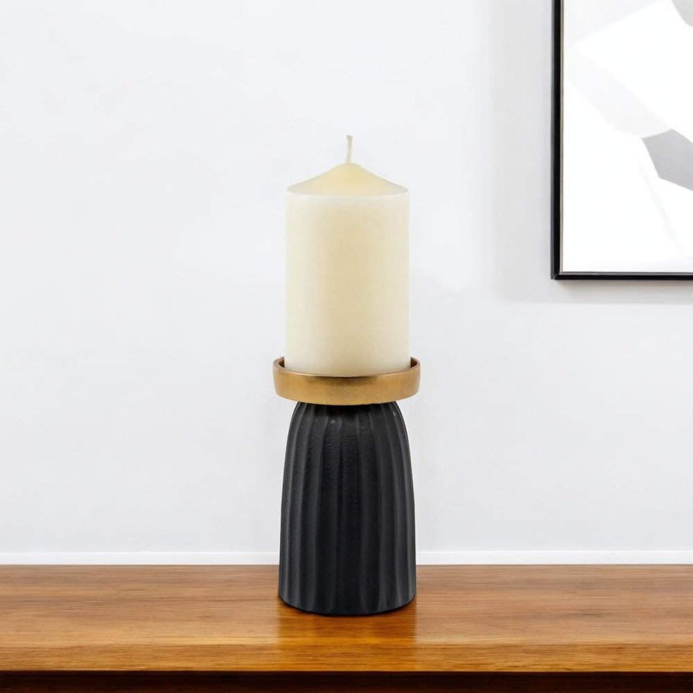 6" Black And Gold Striped Aluminum Tabletop Pillar Candle Holder