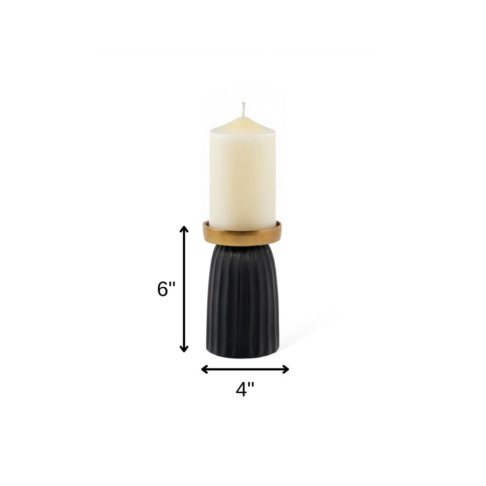 6" Black And Gold Striped Aluminum Tabletop Pillar Candle Holder