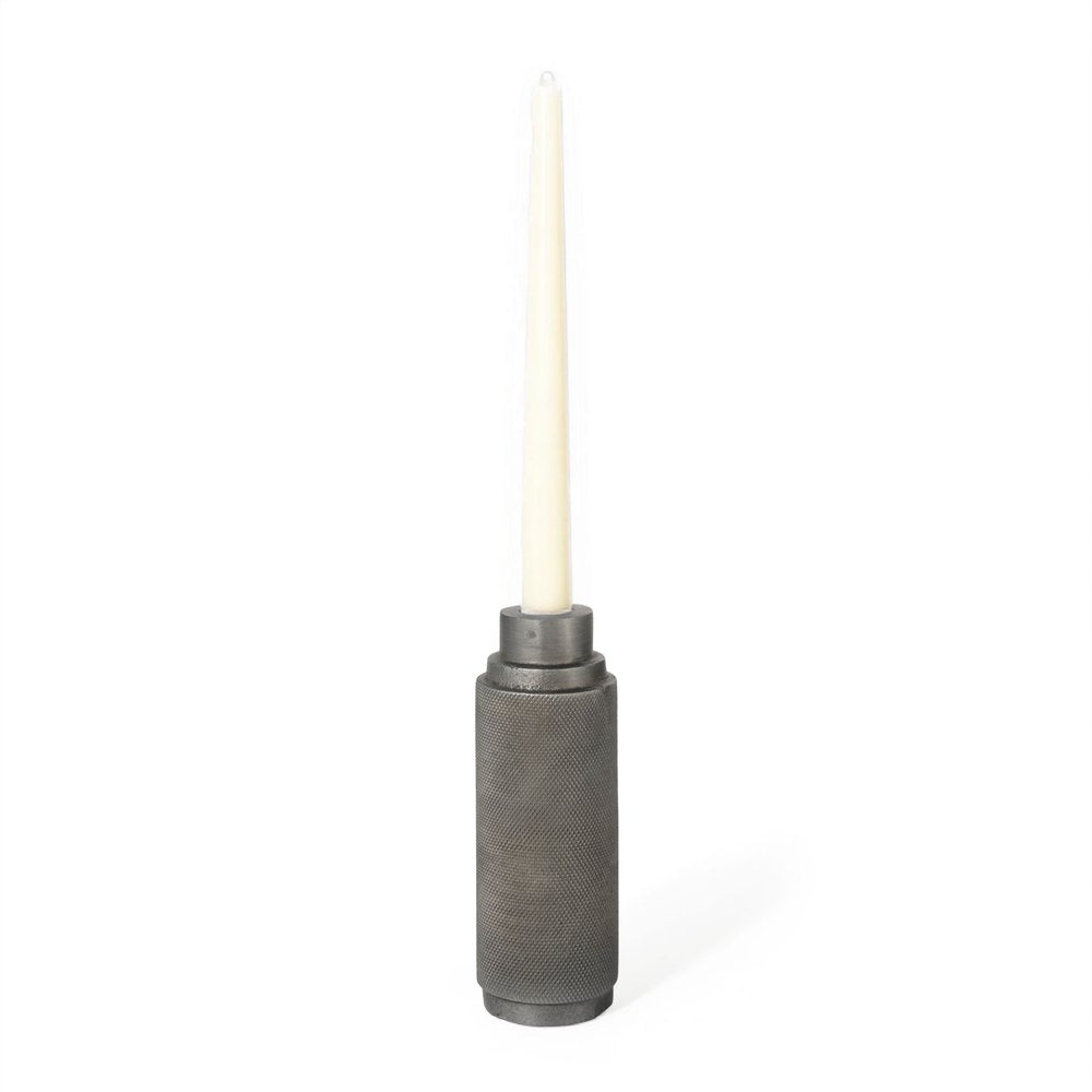 7" Gray Distressed Aluminum Geometric Tabletop Taper Candle Holder