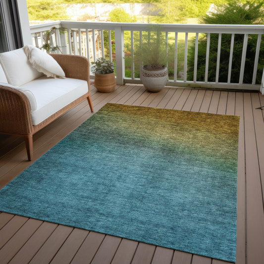 9' X 12' Brown Blue And Taupe Ombre Washable Indoor Outdoor Area Rug