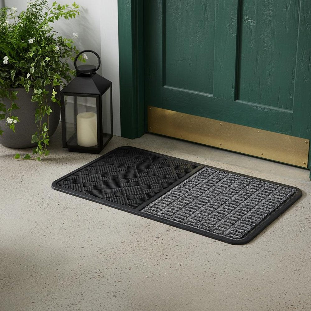 16" X 28" Gray Synthetic Fiber Abstract Outdoor Door Mat